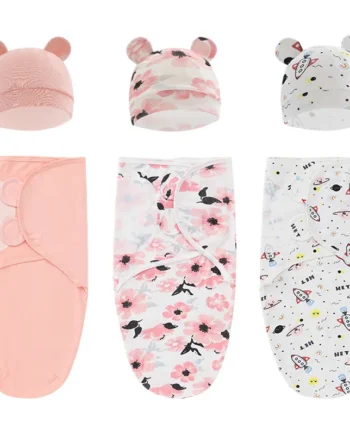 Baby Blanket Hat Set Cartoon Printed Cotton Newborn Swaddle Adjustable Infant Sleeping Swaddle Wraps All Seasons 0-6 Months