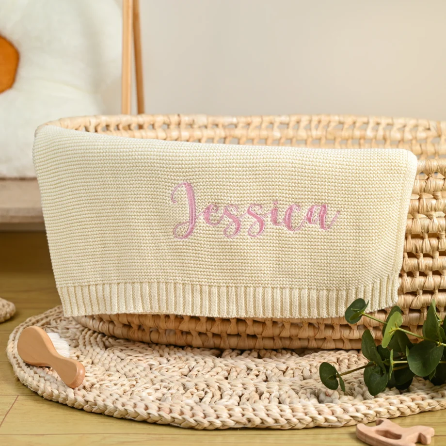 Personalized Baby Swaddle Blanket with Name Custom Knited Baby Blanket with Embroidery Name Baby Newborn Kids Girls Boys Gifts
