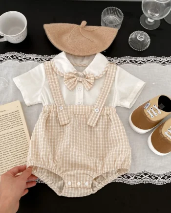 Instagram summer baby jumpsuit, male and female baby doll collar, plaid fake two-piece triangular jumpsuit, crawling