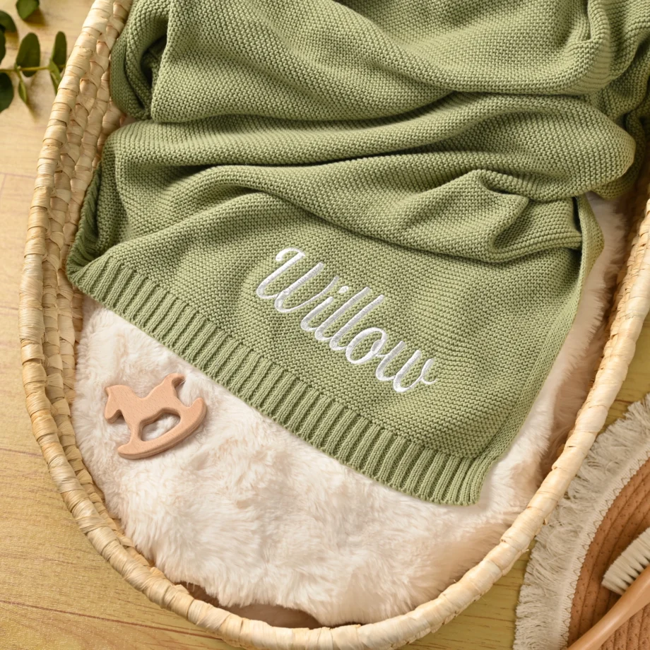 Personalized Baby Swaddle Blanket with Name Custom Knited Baby Blanket with Embroidery Name Baby Newborn Kids Girls Boys Gifts