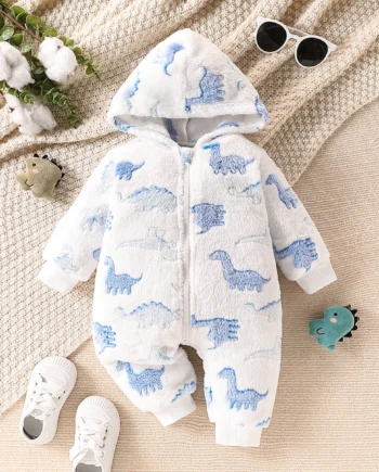 Baby boy fashion cute dinosaur full body printed fur fabric hooded long sleeved zipper jumpsuit long leg crawling suit