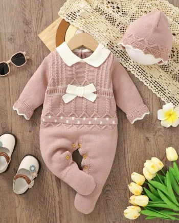 Infant Girls Rompers Hats Clothes Autumn Winter Pink Long Sleeves Knit Newborn Jumpsuits Outfits 0-18m Toddler Outwear Playsuits