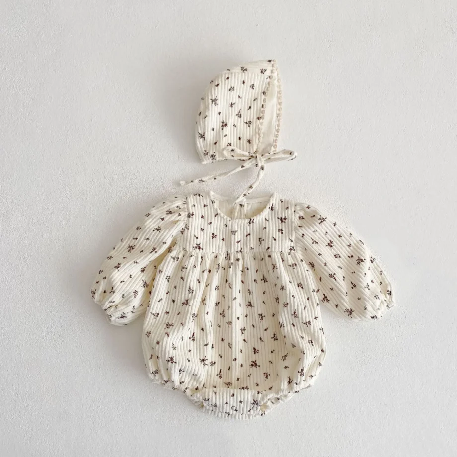 Autumn new 0-3 year old baby clothing, fashionable baby girl corduroy bubble long sleeved jumpsuit+hat