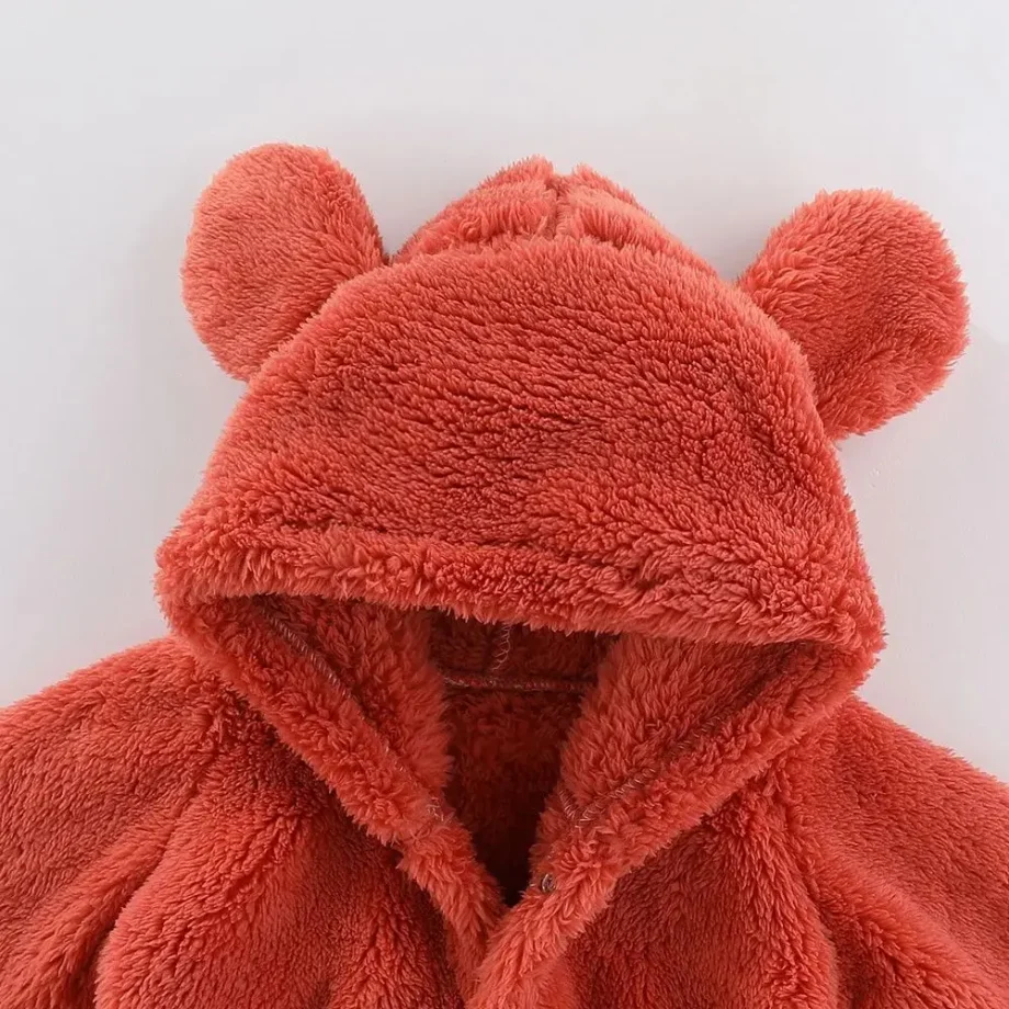 2025 Winter 0-12M Newborn Baby Girls Boys Warm Fleece Bear Ear Romper Jumpsuit Thick Cozy Multi-Color Infant Hooded Jumpsuit