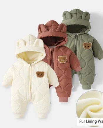 ﻿ Winter Baby Outwear Clothing Fur Lining Warm Toddler Girl's Boy's Rompers Cartoon Bear Infant Jumpsuit