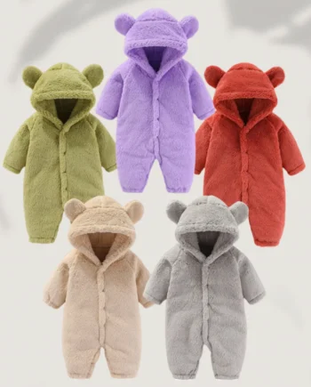 2025 Winter 0-12M Newborn Baby Girls Boys Warm Fleece Bear Ear Romper Jumpsuit Thick Cozy Multi-Color Infant Hooded Jumpsuit