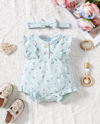 2PCS Summer Baby Girl Jumpsuit with Round Neck Butterfly Sleeve Design, Cute Sweet and Lively Princess Style Newborn Jumpsuit
