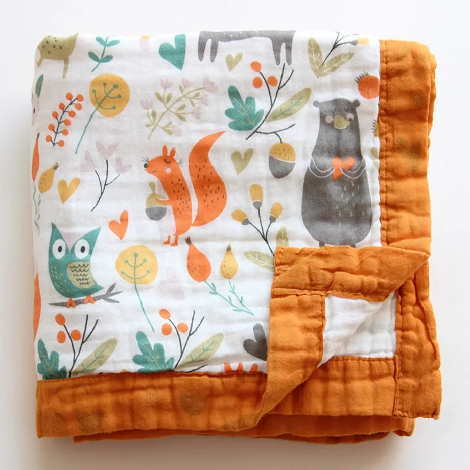100%Cotton Baby Blankets 6 Layers Gauze Breathable Muslin Cotton Soft Absorbent Newborn Swaddle Blankets Cartoon Baby Bath Towel