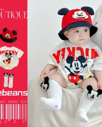 Summer Newborn Bodysuit Sock Hat 3pcs Set Cartoon Mickey Mouse Boys Girls Jumpsuit Infant Costume Short Sleeve Clothing K6182