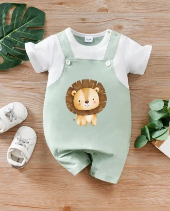 Newborn baby fake two-piece strap Lion King soft, comfortable and cute round-neck jumpsuit