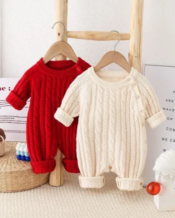Toddler Baby Clothes Cable Romper 0-24M Newborn Boys Girls Warm Knitted Onesie Elastic Cuff Button Side Autumn Casual Jumpsuit