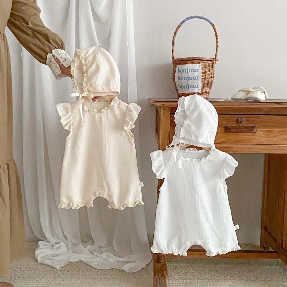 Summer Baby Girls Romper Cute Sweet Ruffle Sleeve Jumpsuit with Hat Baby Clothes 0-24 Months