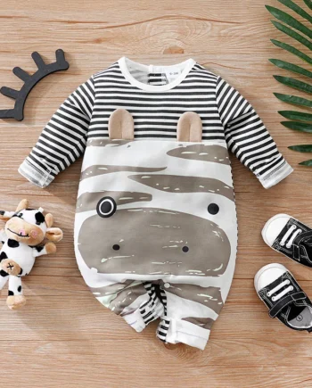Black and white striped clothes Cartoon Hippopotamus Pattern Spring and Autumn New Long Sleeve Round Neck Design Baby jumpsuit