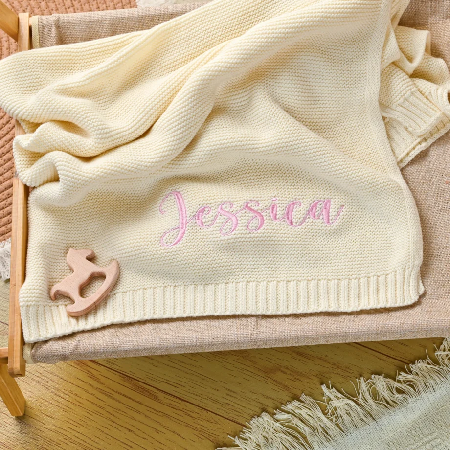 Personalized Baby Swaddle Blanket with Name Custom Knited Baby Blanket with Embroidery Name Baby Newborn Kids Girls Boys Gifts