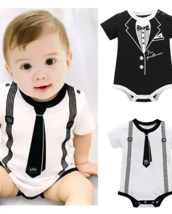 Newborn Baby Clothing Summer Gentleman Rompers 0-12M Infnat Boys Cotton Jumpsuit Male Bebe Body Clothes Tie Print Short Sleeve