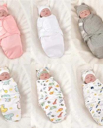 Baby Blanket Hat Set Cartoon Printed Cotton Newborn Swaddle Adjustable Infant Sleeping Swaddle Wraps All Seasons 0-6 Months