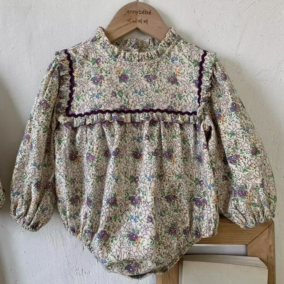 Baby Girl Jumpsuits Spring Clothes Vintage Stylish Floral Ruffles Long Sleeve Baby Bodysuit for Infants Rompers Children Clothes