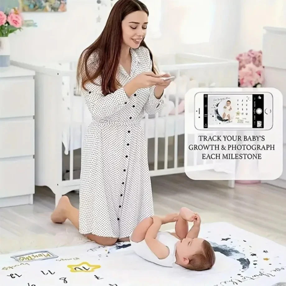 Baby Monthly Milestone Blanket for 1-12 Months Age Growth Blanket with Felt Marker and hair band, Soft Woodland Photo Blanket